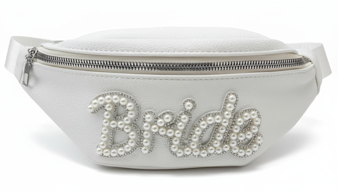 BRIDE white faux leather embellished pearl bumbag