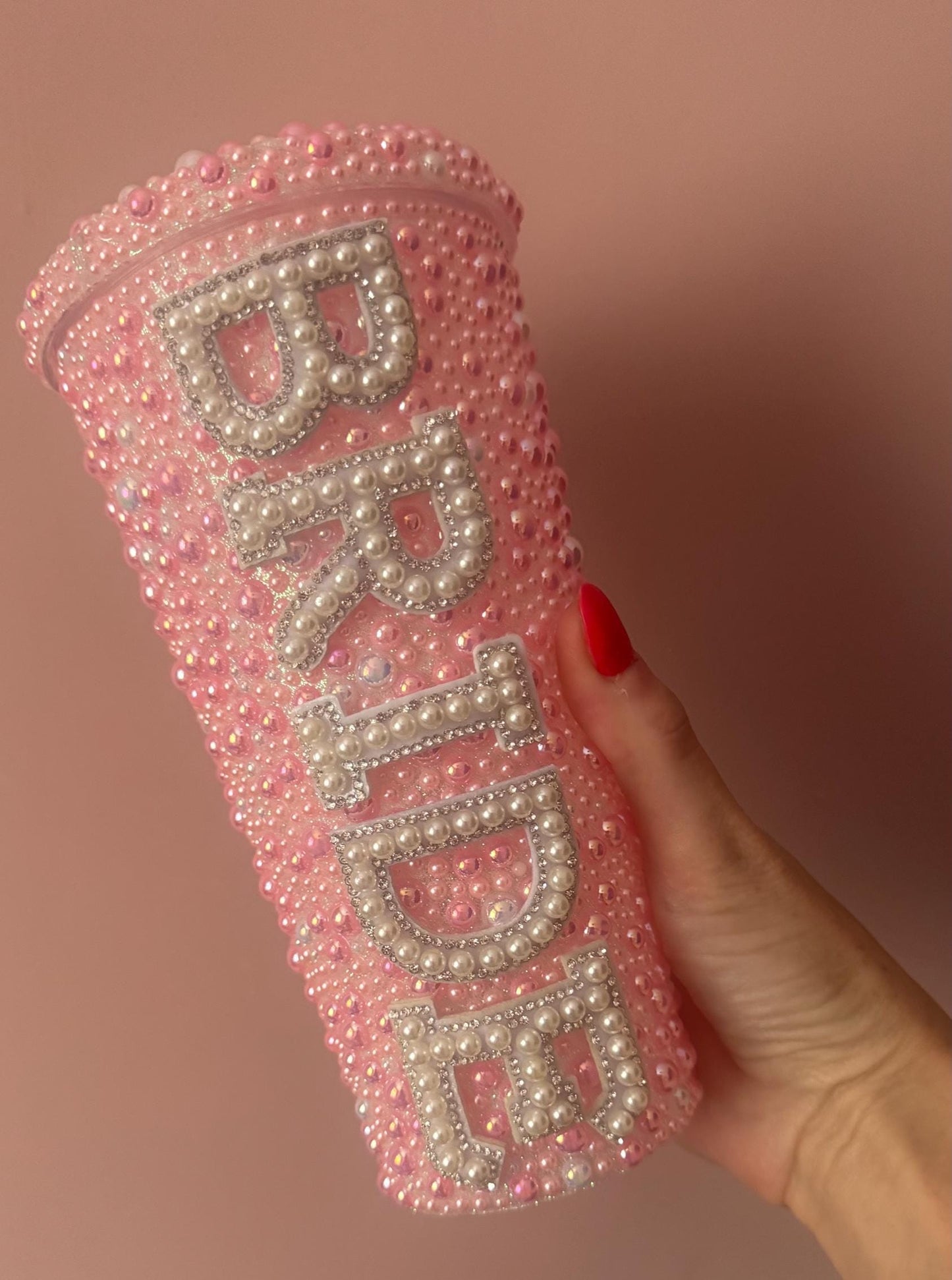 Pink BRIDE Pearl embellished cold drinking cup | tumbler lid straw | hen party | wedding | bride to be gift | bachelorette |Rhinestone