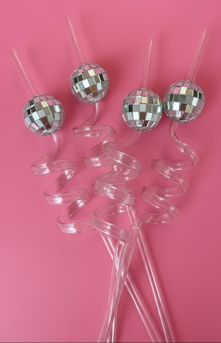 Clear plastic straws with silver disco ball ends