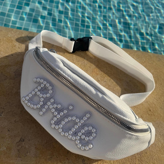 BRIDE white faux leather embellished pearl bumbag