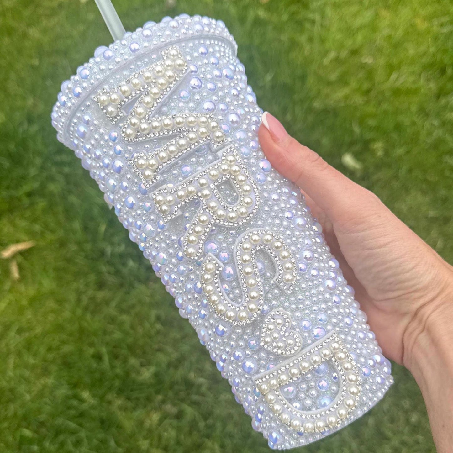 Personalised Bride Mrs Embellished cold drinking cup | tumbler lid straw | hen party | wedding | bride to be gift | bachelorette |
