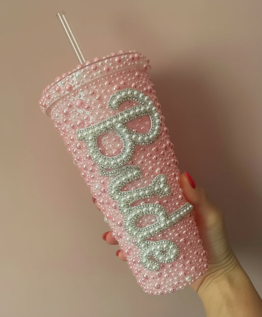 Pink BRIDE Embellished pearl cold drinking cup | tumbler lid straw | hen party | wedding | bride to be gift | bejeweled | bachelorette