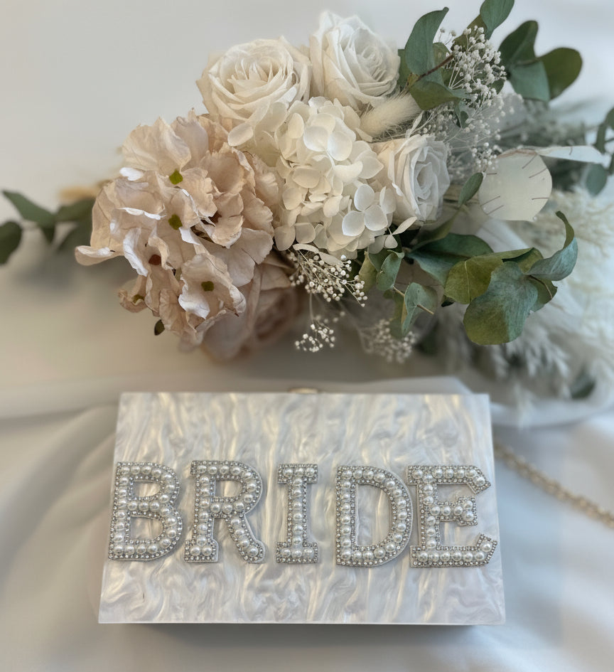 acrylic box bag with bride pearl embellishment