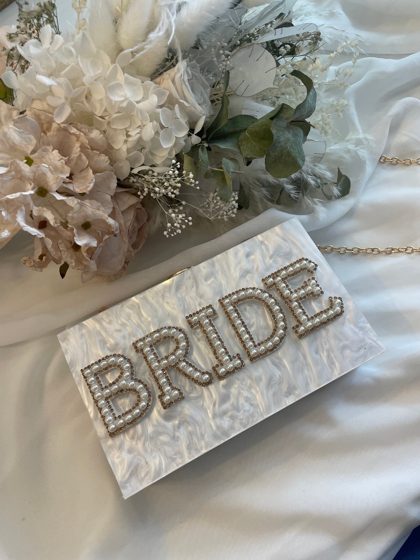 BRIDE  gold and pearl embellished box  clutch bag with removable gold strap for wedding / hen party / bridal shower