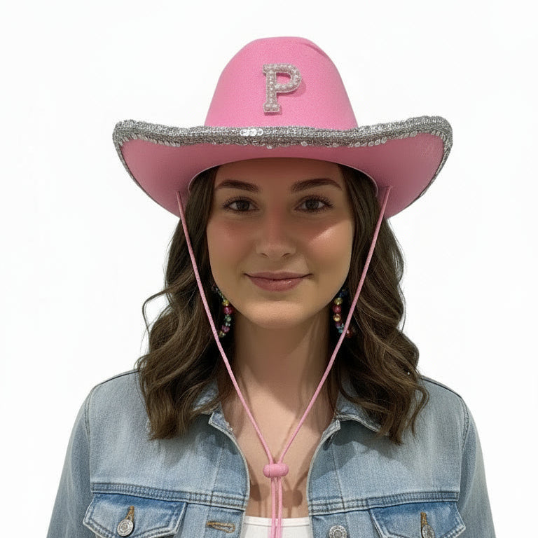 Pink Personalised Cowboy Hat with Silver Sequins