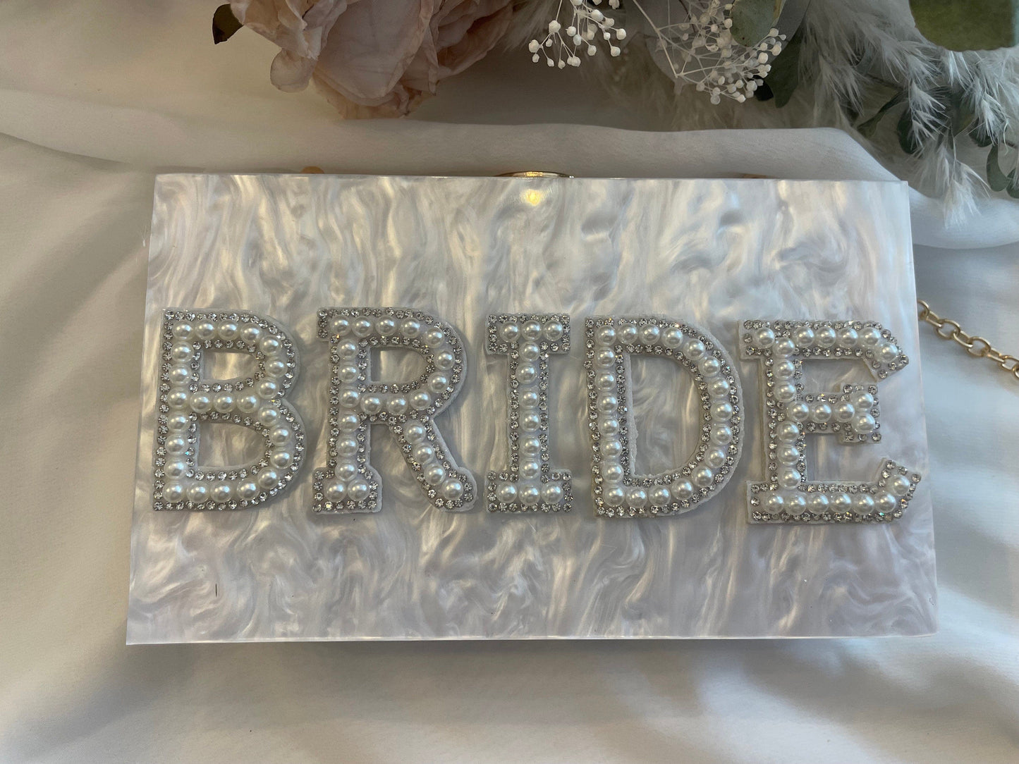 BRIDE embellished diamante and pearl box clutch bag