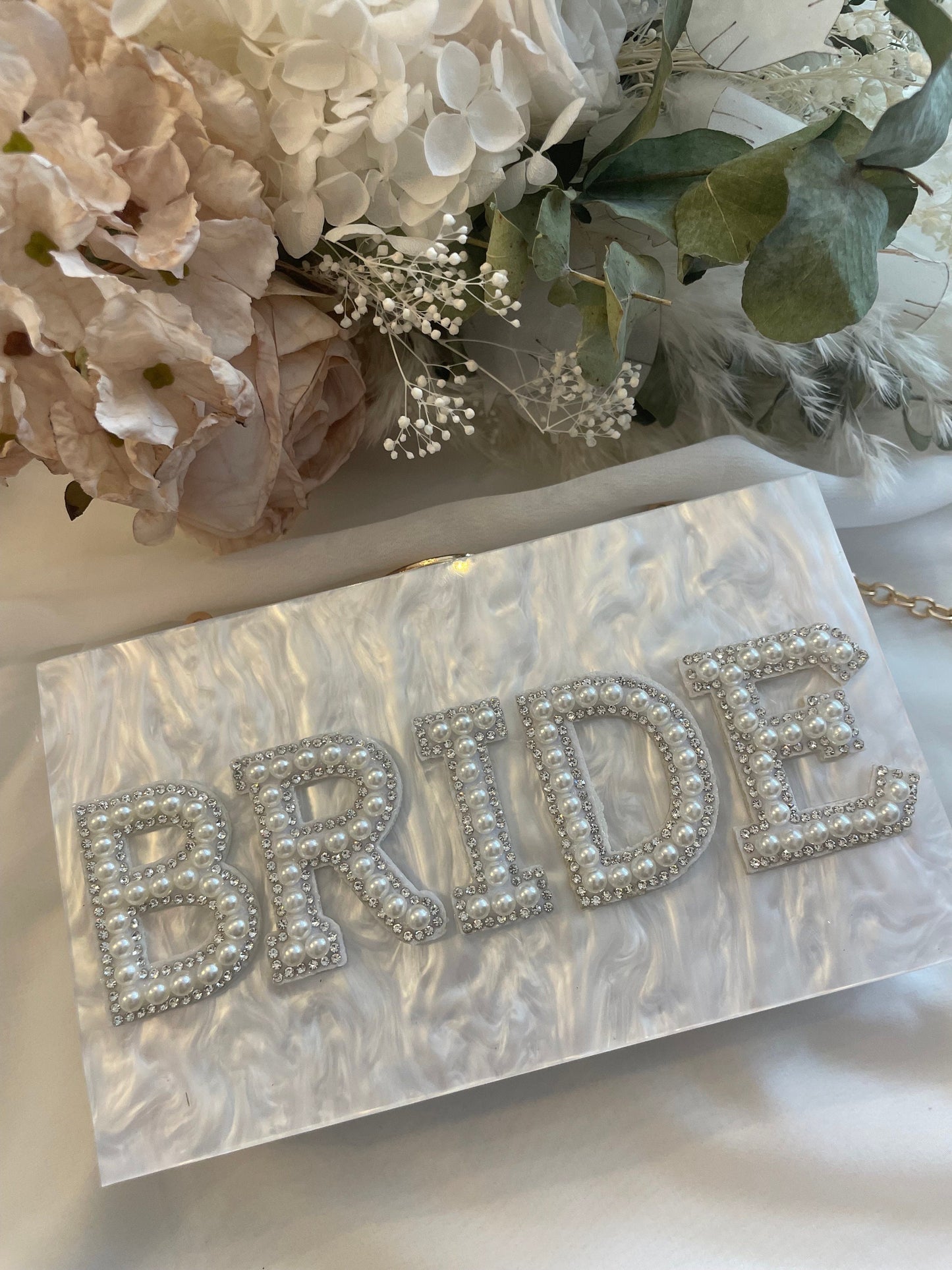 BRIDE embellished diamante and pearl box clutch bag