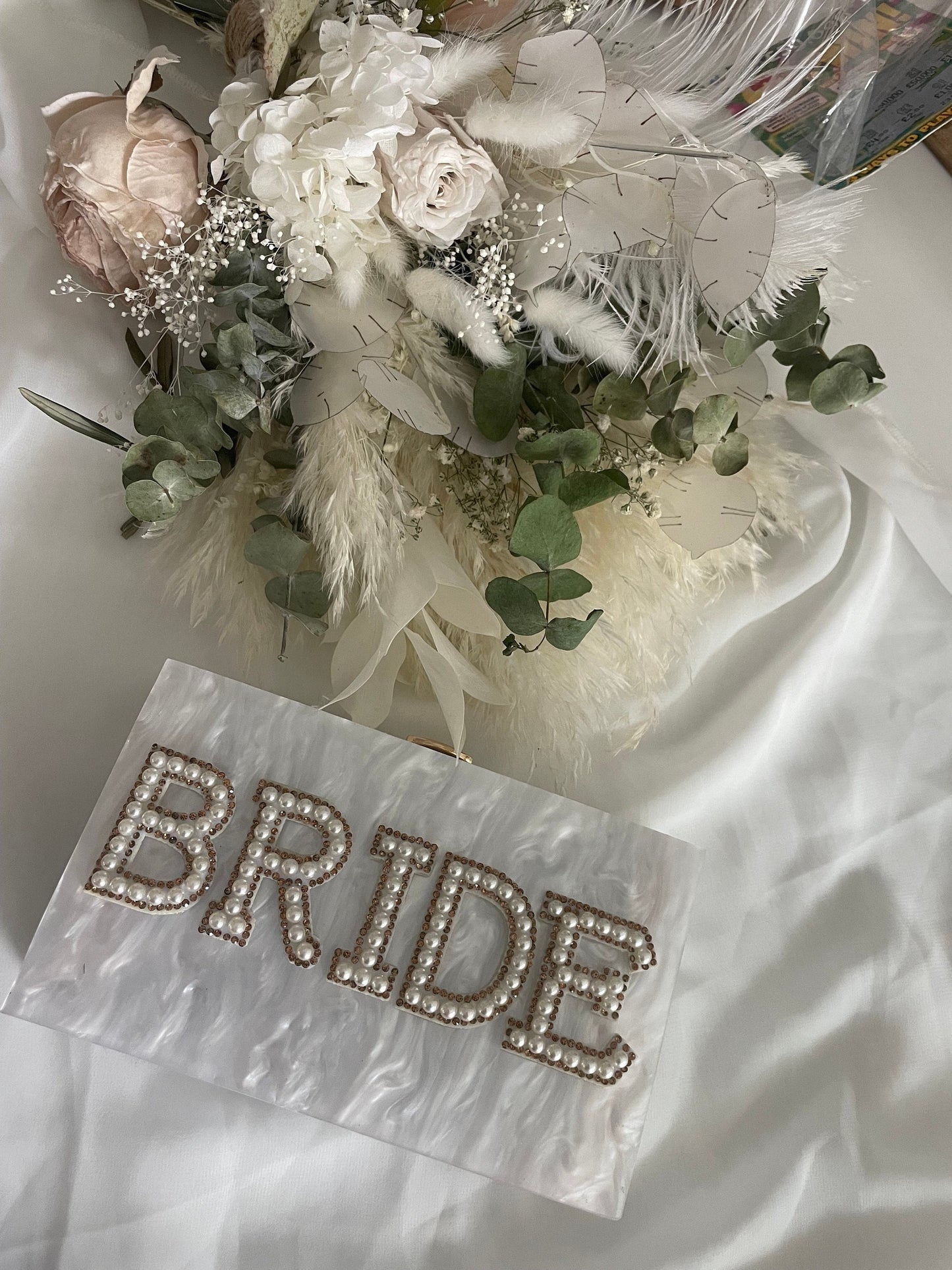 BRIDE  gold and pearl embellished box  clutch bag with removable gold strap for wedding / hen party / bridal shower