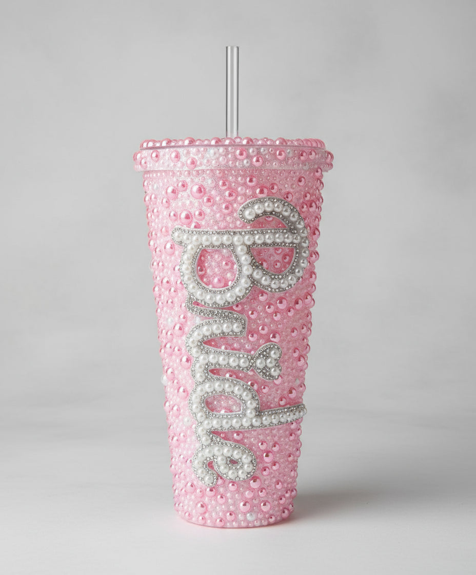 Pink BRIDE Embellished pearl cold drinking cup with lid and straw