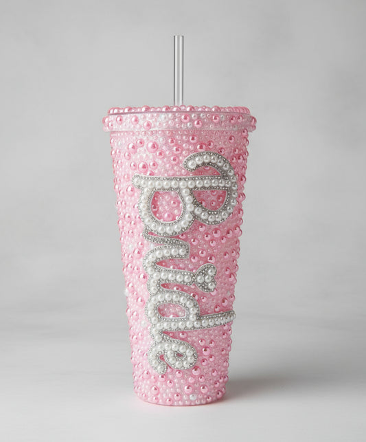 Pink BRIDE Embellished pearl cold drinking cup with lid and straw