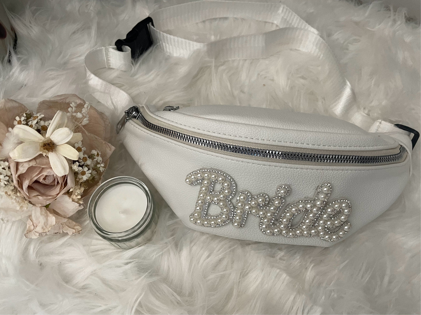 BRIDE white faux leather embellished pearl bumbag