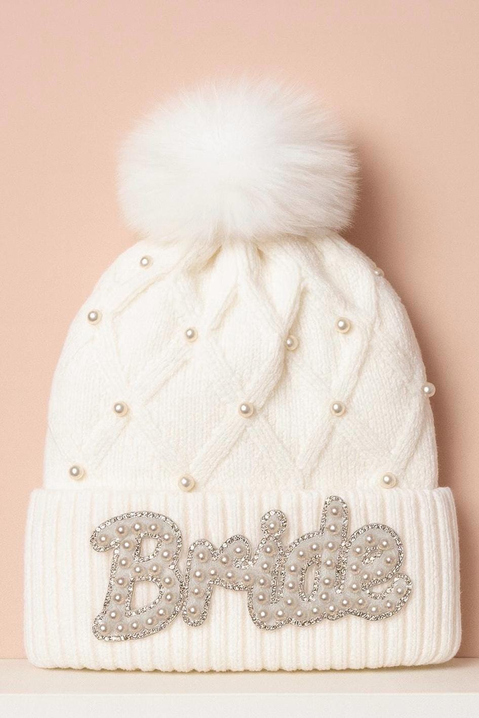 Bride Pearl Embellished Cream Bobble Hat