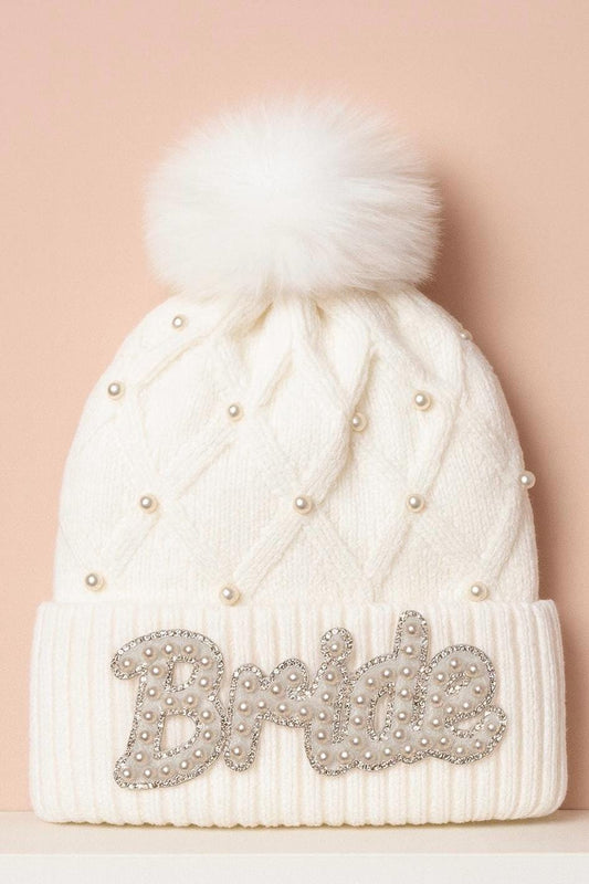Bride Pearl Embellished Cream Bobble Hat